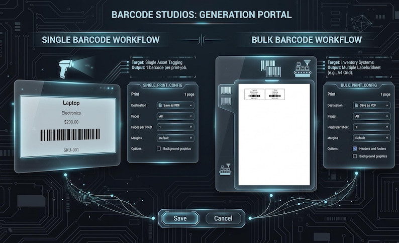May include: A digital interface for barcode generation, featuring "BARCODE STUDIOS: GENERATION PORTAL" at the top. The interface is divided into "SINGLE BARCODE WORKFLOW" and "BULK BARCODE WORKFLOW" sections, with options for printing and saving barcode labels.