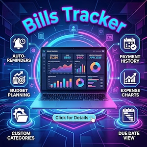 Puede incluir: Una pantalla de portátil que muestra una interfaz de "Bills Tracker" con visualizaciones de datos financieros. La imagen presenta iconos para recordatorios automáticos, planificación presupuestaria, categorías personalizadas, historial de pagos, gráficos de gastos y vista de fecha de vencimiento. El texto "Click for Details" también es visible.