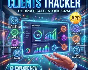 Clients Tracker, CRM Dashboard, Project Management with Tasks, Leads, Time Tracking, Business Planner App, Gantt Charts, Invoice & Analytics