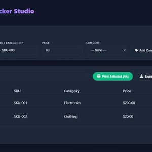 May include: Screenshot of the "Barcode Sticker Studio" interface. The dark blue interface displays product information, including product name, SKU, price, and category. Options to add a new product, print, export, and import are visible.