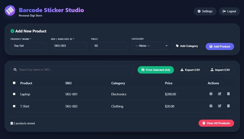 May include: Screenshot of the "Barcode Sticker Studio" interface. The dark blue interface displays product information, including product name, SKU, price, and category. Options to add a new product, print, export, and import are visible.
