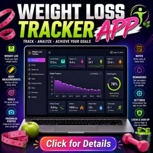 May include: A laptop displaying a Weight Loss Tracker app dashboard with metrics like weight, BMI, and body fat. The screen shows a progress graph, calorie count, and water intake. A pink measuring tape, a green apple, and a pink dumbbell are visible.