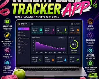 Weight Loss Tracker. Food Diary App, Calorie Counter, Exercise Log, BMI Progress Charts, Nutrition Macro Planner, Health & Fitness Dashboard