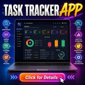 Könnte beinhalten: Ein Laptop zeigt ein dunkel gestaltetes Dashboard einer Aufgabenverwaltungs-App mit farbigen Diagrammen und Projektdaten. Um den Bildschirm herum befinden sich Neon-Symbole für Aufgabenverwaltung, Kanban-Board und Analysen. Der Text lautet Click for Details.
