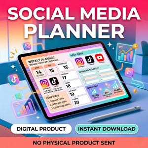 May include: A digital social media planner displayed on a tablet. The planner includes a weekly content calendar, post ideas, hashtag strategy, and analytics. The tablet is accompanied by a stylus and features the text "DIGITAL PRODUCT" and "INSTANT DOWNLOAD".