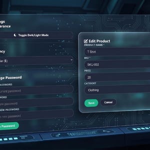 May include: A digital interface with settings for system UI, currency, and password changes. The interface includes an 'Edit Product' window with fields for product name, SKU, price, and category. The interface is dark with green accents.