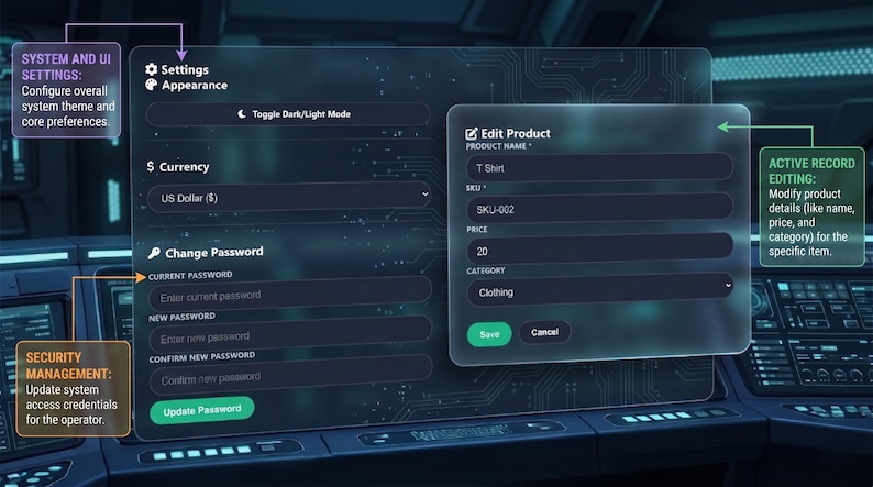 May include: A digital interface with settings for system UI, currency, and password changes. The interface includes an 'Edit Product' window with fields for product name, SKU, price, and category. The interface is dark with green accents.