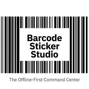 May include: A black and white barcode design with the text "Barcode Sticker Studio" in a white rectangle. Below the text is the phrase "The Offline-First Command Center". The image is a promotional graphic.