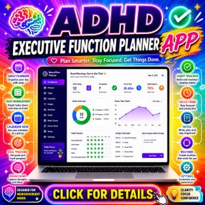 Peut inclure: Un ordinateur portable affichant le tableau de bord de l'application NeuroFlow Planner avec des fonctions de gestion des tâches, de suivi des habitudes et de minuterie. L'écran présente une interface colorée avec des graphiques et du texte.
