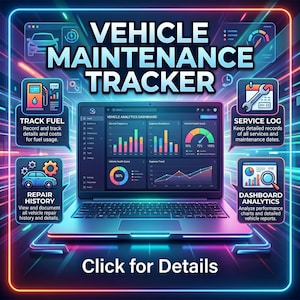 Peut inclure: Graphique numérique pour un suivi de l'entretien des véhicules. L'image présente un ordinateur portable affichant des graphiques, entouré d'icônes pour le suivi du carburant, l'historique des réparations, les journaux de service et l'analyse du tableau de bord. Le texte indique "Vehicle Maintenance Tracker" et "Click for Details."