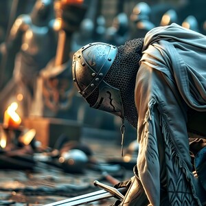 Fallen Knight Devotion – Mörk medeltida fantasikonst, bön om brutet svärd, filmisk väggkonst