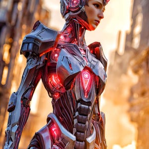 May include: A futuristic cyborg with a metallic exoskeleton, illuminated by red glowing accents. The armor-like design features intricate details and a helmet with integrated technology. The background suggests a post-apocalyptic cityscape, with a warm, golden light.