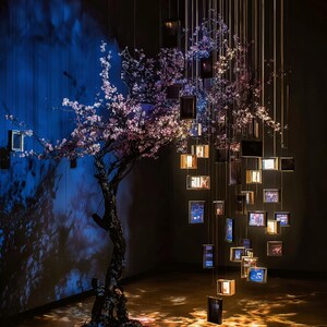 May include: An artistic installation featuring a tree with pink blossoms and hanging illuminated frames. The tree's dark trunk rises from a black base, with the frames suspended from above. The scene is bathed in soft light.