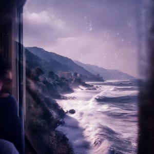 Può includere: Una vista attraverso una finestra che mostra una costa frastagliata con scogliere scure e onde bianche che si infrangono sotto un cielo crepuscolare. La scena cattura l'oceano che incontra la riva con onde e colline in lontananza.