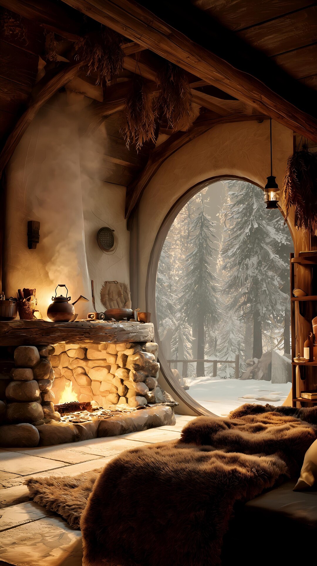 Cozy Cabin Interior Art Print – Snow Forest Window Wall Art (digital ...