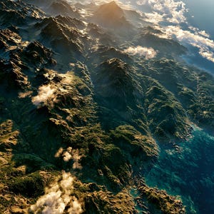 Majestic Mountain Coast from Above – Epic Aerial Landscape Digital Art Print
