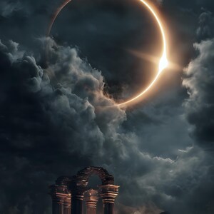 May include: A solar eclipse with a glowing ring of light illuminates a dark, cloudy sky above ancient stone ruins. The scene features weathered columns and arched structures standing on a rocky ground, bathed in a warm, golden light from above.