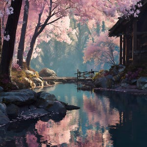 May include: A serene landscape featuring a tranquil body of water reflecting the surrounding environment. Pink cherry blossom trees frame the scene, with a wooden structure on the right. Rocks and a small bridge add to the picturesque setting.