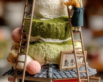 Impresión artística de diorama de pastel de matcha: Miniatura de postre acogedor (descarga digital)