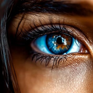Azure Gaze – Cinematic Blue Eye Digital Art Print, Dramatic Portrait Vertical Wall Art