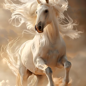 Può includere: Dipinto digitale di un cavallo bianco al galoppo. La criniera e la coda fluenti del cavallo risaltano su uno sfondo morbido e nuvoloso. L'immagine trasmette un senso di libertà ed eleganza, con un focus sul movimento del cavallo.