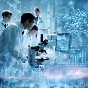 Puede incluir: Un grupo de científicos con batas blancas examinan un microscopio en un laboratorio. Una pantalla de ordenador muestra datos, con un gráfico de hebra de ADN superpuesto. El esquema de color general es azul.