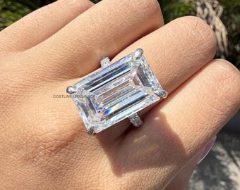 Large Emerald Cut Diamond Ring Oversized Diamond Engagement Ring Stacking Ring Pave Set Diamond Proposal Ring Emerald Diamond Gift For Wife