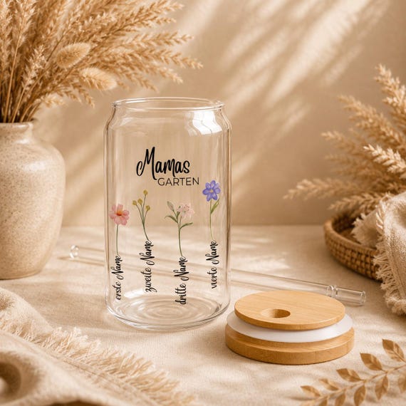 Personalisierte Mama Tasse oder Glas „Mamas Garten“ mit Kinder Namen & Blumen – Geschenk für Mutter, Geburtstag, Mama Geschenkidee