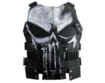 Punisher-vest – tactisch leren herenvest met schedel, zwart biker Combat-pantser-cosplaykostuum