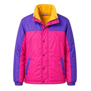 May include: A color-blocked jacket featuring a bright pink main body, purple sleeves and upper chest panels, and a yellow fleece-lined stand-up collar. The jacket includes a front snap-button closure and two side pockets with purple trim.