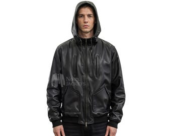 Men’s Black Leather Hoodie Jacket – Real / Faux Hooded Biker Motorcycle Coat