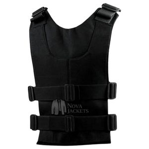 May include: A black weighted vest featuring two horizontal adjustable straps with plastic buckles across the front and two shoulder straps with buckles. The logo Nova Jackets is printed in white on the center of the chest area of the vest.