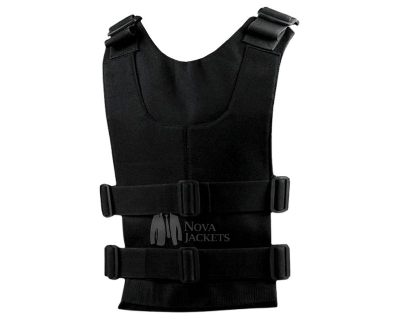 May include: A black weighted vest featuring two horizontal adjustable straps with plastic buckles across the front and two shoulder straps with buckles. The logo Nova Jackets is printed in white on the center of the chest area of the vest.