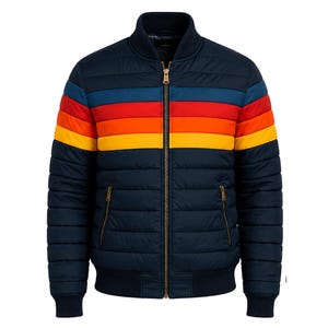 May include: A navy blue quilted bomber jacket featuring a horizontal striped pattern across the chest in shades of teal, red, orange, and yellow. The jacket includes a full-length front zipper with a metallic pull and two zippered side pockets.