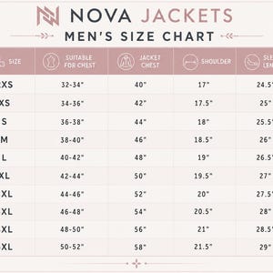 May include: A Nova Jackets size chart table with columns for size, chest, jacket chest, shoulder, and sleeve length in inches. The chart lists sizes from 2XS to 5XL with corresponding measurements for each category in a clear, organized grid format.