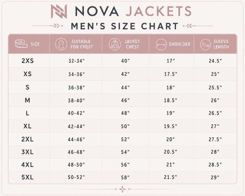 May include: A Nova Jackets size chart table with columns for size, chest, jacket chest, shoulder, and sleeve length in inches. The chart lists sizes from 2XS to 5XL with corresponding measurements for each category in a clear, organized grid format.