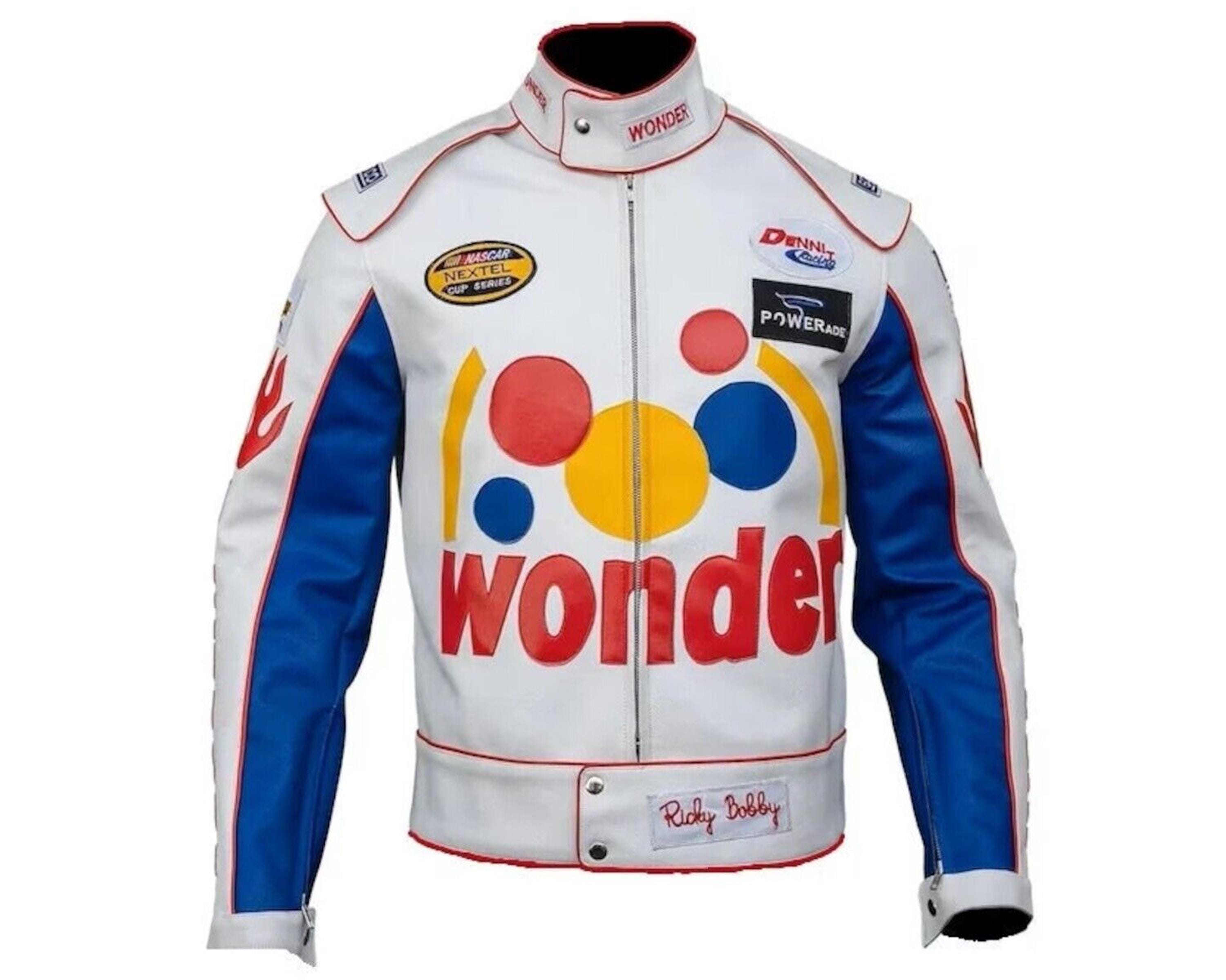 Wonder Racing Label Men's Ricky Bobby Wonder Racing Leather Jacket – Talladega Nights White ...