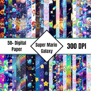 May include: A collection of digital papers featuring Super Mario Galaxy themes. The papers showcase colorful space scenes with planets, stars, and characters. Text includes "50+ Digital Paper", "Super Mario Galaxy", and "300 DPI".