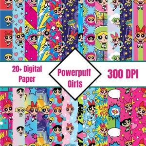 Puede incluir: Una colección de papeles digitales con las Supernenas. Los papeles muestran varios patrones con los personajes, elementos de cómic y colores vibrantes como el rosa, el azul y el amarillo. El texto "20+ Digital Paper", "Powerpuff Girls" y "300 DPI" es visible.