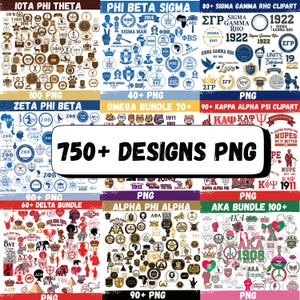 Op de afbeelding: Een collage van PNG-ontwerpen met verschillende Griekse broederschaps- en zusterschapssymbolen, waaronder Iota Phi Theta, Phi Beta Sigma, Sigma Gamma Rho, Zeta Phi Beta, Omega, Kappa Alpha Psi, Delta, Alpha Phi Alpha en Alpha Kappa Alpha. De tekst "750+ DESIGNS PNG" is zichtbaar.