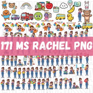 May include: A collection of colorful digital clip art featuring various illustrations. Includes a rainbow, train, apple, cloud, balloon, book, bunny, bus, duck, teddy bear, and a girl in overalls. The text "171 MS RACHEL PNG" is also present.