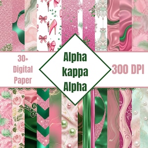 May include: A collection of digital papers in shades of pink, green, and white. The papers feature various patterns, including bows, high heels, glitter, and floral designs. The text "Alpha Kappa Alpha" is displayed in a green diamond, with "30+ Digital Paper" and "300 DPI" also visible.