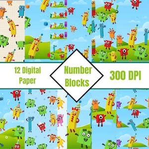 Number Blocks 12 Digital Paper Pack 12x12 JPG | 300 DPI Educational Kids Printable Backgrounds for Scrapbook Crafts DIY Download