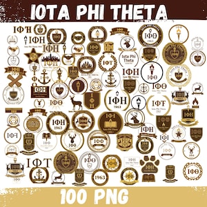 May include: A collection of 100 PNG images featuring various Iota Phi Theta fraternity logos and emblems. The designs are primarily brown and gold, with elements like torches, deer, and the fraternity's Greek letters.