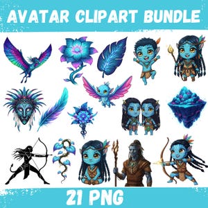 May include: Avatar clipart bundle featuring various illustrations. Includes characters, creatures, and floral elements in vibrant blues, purples, and greens. The collection showcases detailed artwork with a fantasy theme, perfect for digital projects. The text "AVATAR CLIPART BUNDLE" and "21 PNG" are displayed.