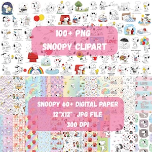 May include: A collection of Snoopy clipart and digital paper. The image features over 100 PNG Snoopy clipart images and 60+ digital paper designs. The digital paper is 30.48cm x 30.48cm JPG files at 300 DPI. The image includes text that says "Snoopy Clipart".