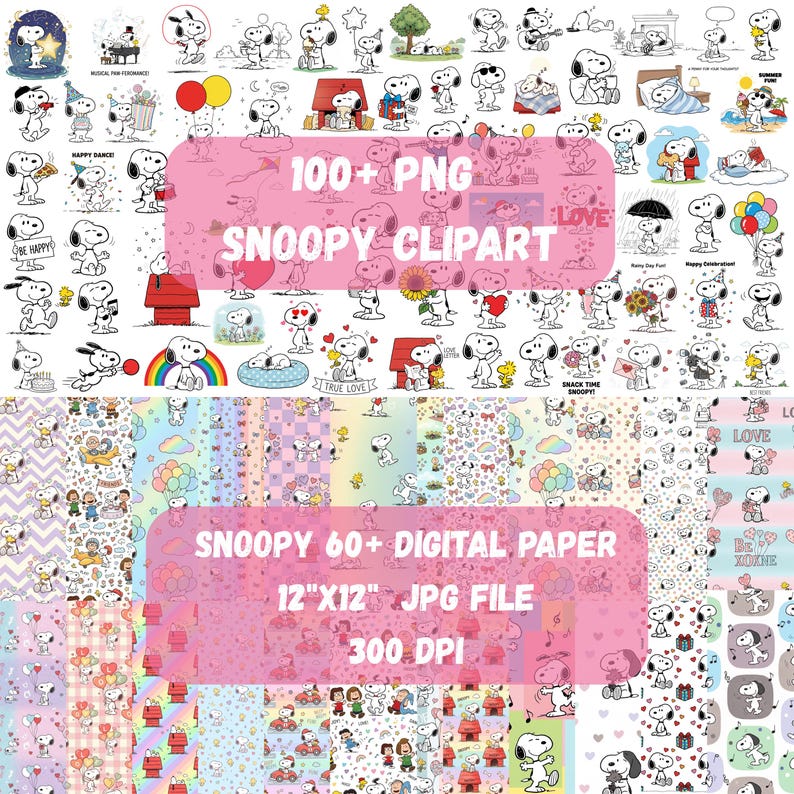Snoopy Digital Snoopy Digital Paper 12x12 JPG + PNG Clipart Bundle | Cute Cartoon Dog ...