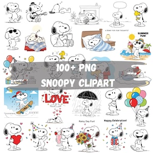 May include: A selection of Snoopy clipart images depicting various scenes. Snoopy is shown playing guitar, sleeping, reading, and enjoying summer fun. Text includes "100+ PNG Snoopy Clipart", "Love", "Rainy Day Fun!", and "Happy Celebration!"