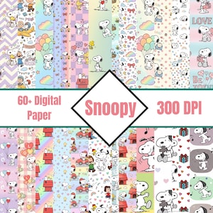 May include: A collection of digital papers featuring Snoopy and friends. The designs include Snoopy with balloons, hearts, and rainbows, set against pastel backgrounds. Text includes "60+ Digital Paper", "Snoopy", and "300 DPI".