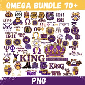 Può includere: Una raccolta di elementi grafici digitali con una combinazione di colori viola e oro. I disegni includono illustrazioni di bulldog, lettere greche, corone e il testo "OMEGA BUNDLE 70+", "OMEGA PSI PHI" e "1911". Il formato file è PNG.
